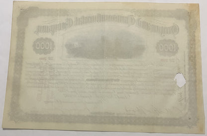 Back of faded 1000 dollar bond certificate with ornamental border, denomination numerals, and illegible printed text on aged 