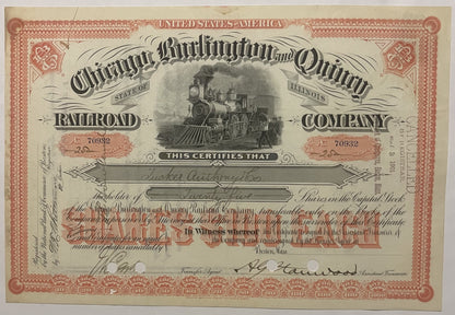 Vintage Chicago Burlington & Quincy Railroad stock certificate with ornate red border, steam locomotive engraving, and handwr