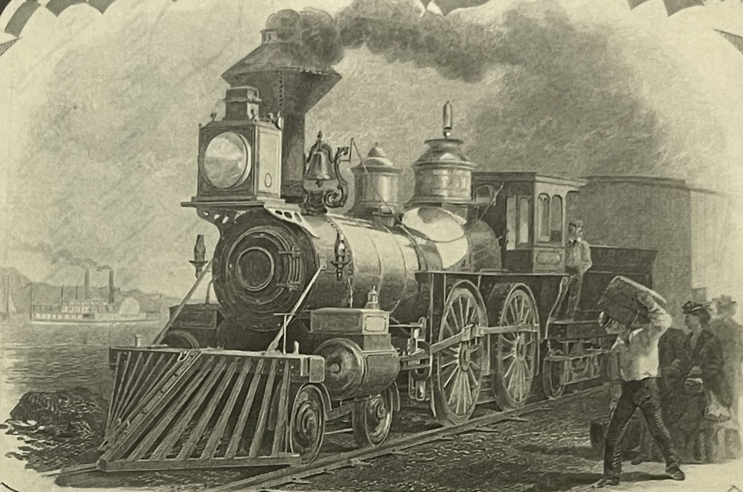Vintage engraving of a steam locomotive with cow catcher, billowing smoke, and railroad workers on tracks near water