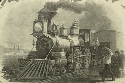Vintage engraving of a steam locomotive with cow catcher, billowing smoke, and railroad workers on tracks near water