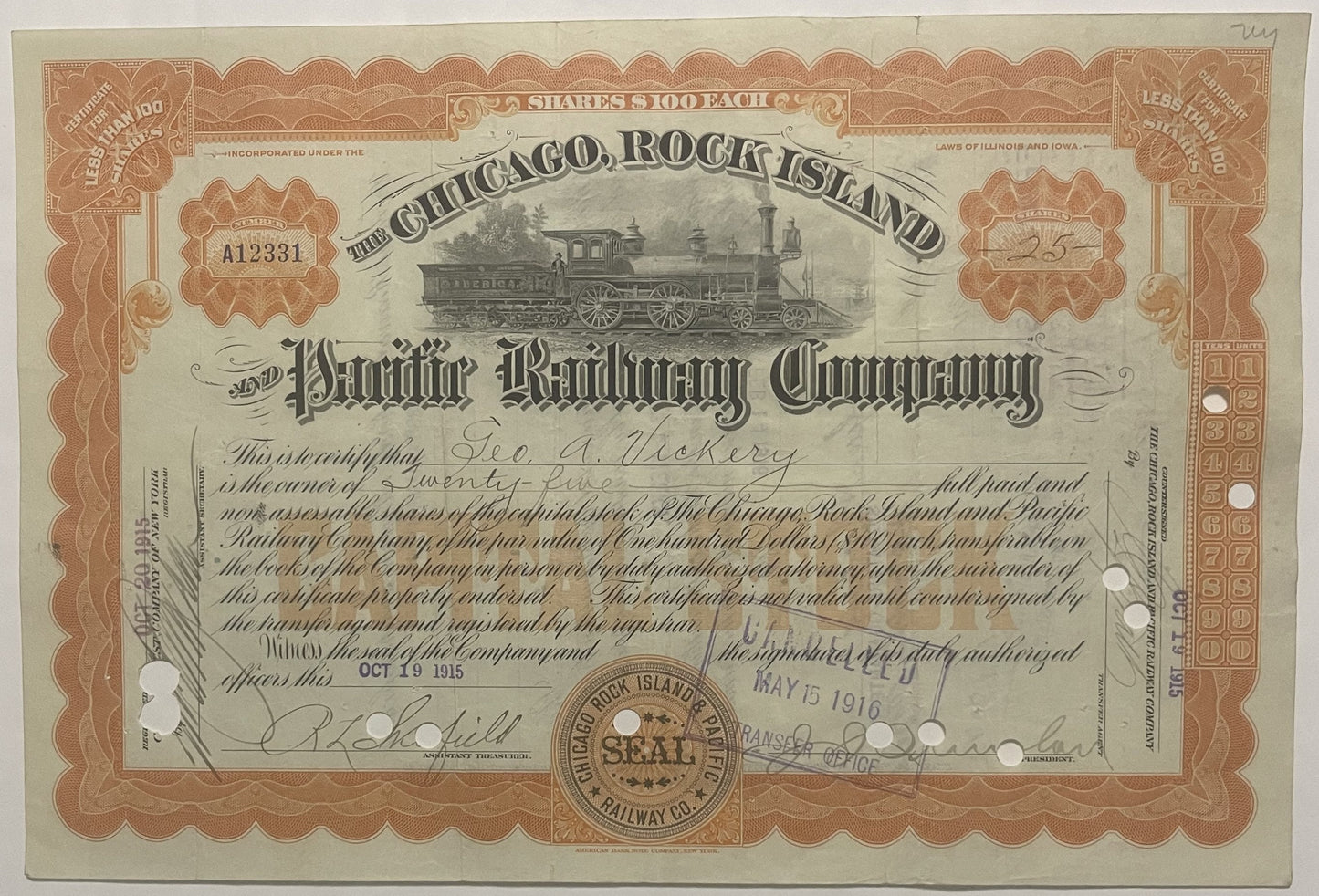 Chicago Rock Island & Pacific Railway stock certificate with orange decorative border and steam locomotive illustration