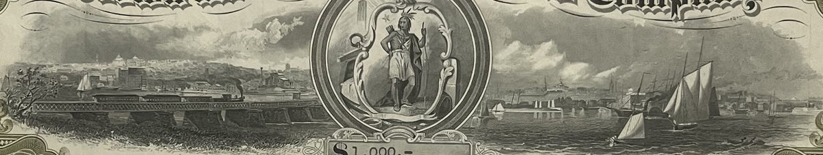 Engraved railroad stock certificate detail showing circular medallion with classical figure, steam locomotive and harbor city