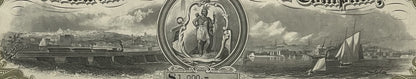 Engraved railroad stock certificate detail showing circular medallion with classical figure, steam locomotive and harbor city