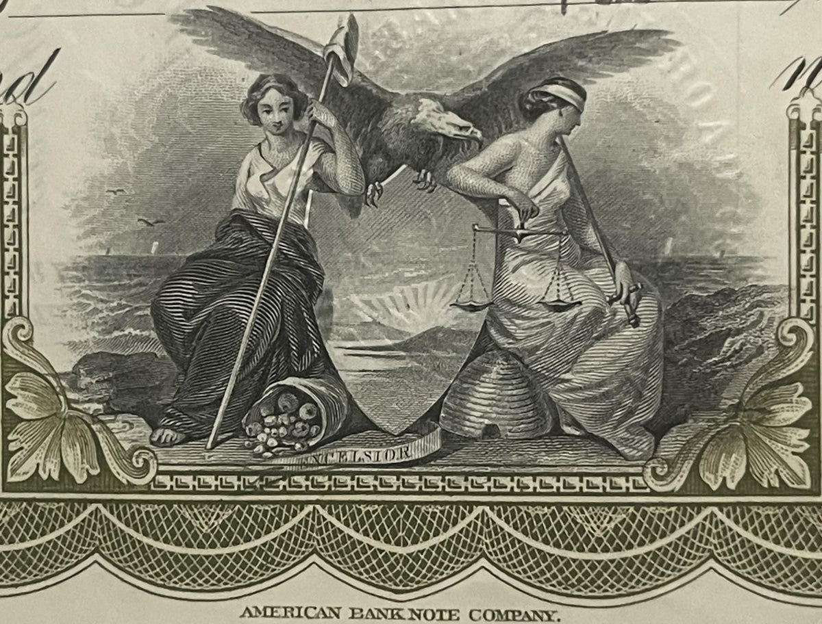 Engraved vignette from railroad stock certificate showing two winged allegorical female figures with eagle, scales, and cornu