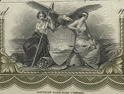 Engraved vignette from railroad stock certificate showing two winged allegorical female figures with eagle, scales, and cornu