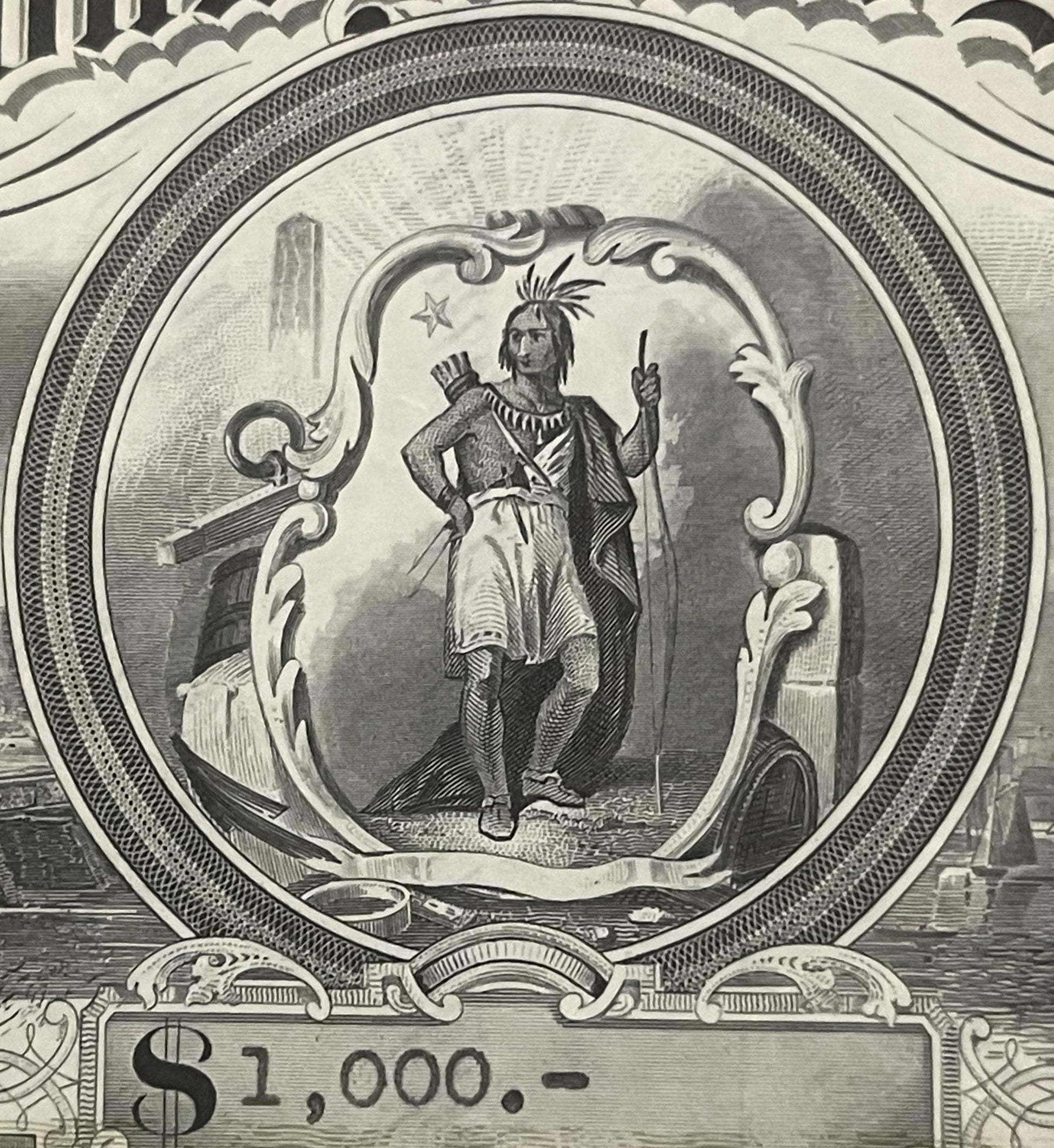 Engraved vignette from stock certificate showing Native American figure with mohawk and feathers holding spear, surrounded by