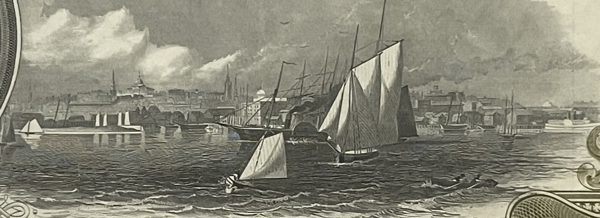 Black and white engraved vignette showing multiple sailboats with billowed sails on water before a city skyline with church s