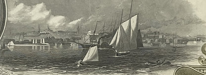 Black and white engraved vignette showing multiple sailboats with billowed sails on water before a city skyline with church s