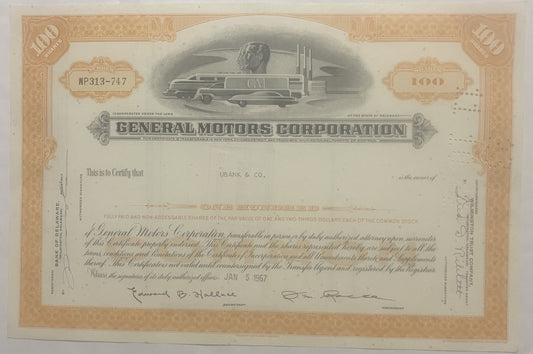 An orange General Motors Corporation stock certificate with the streamliner vignette, an ornate border and the officers' signatures.