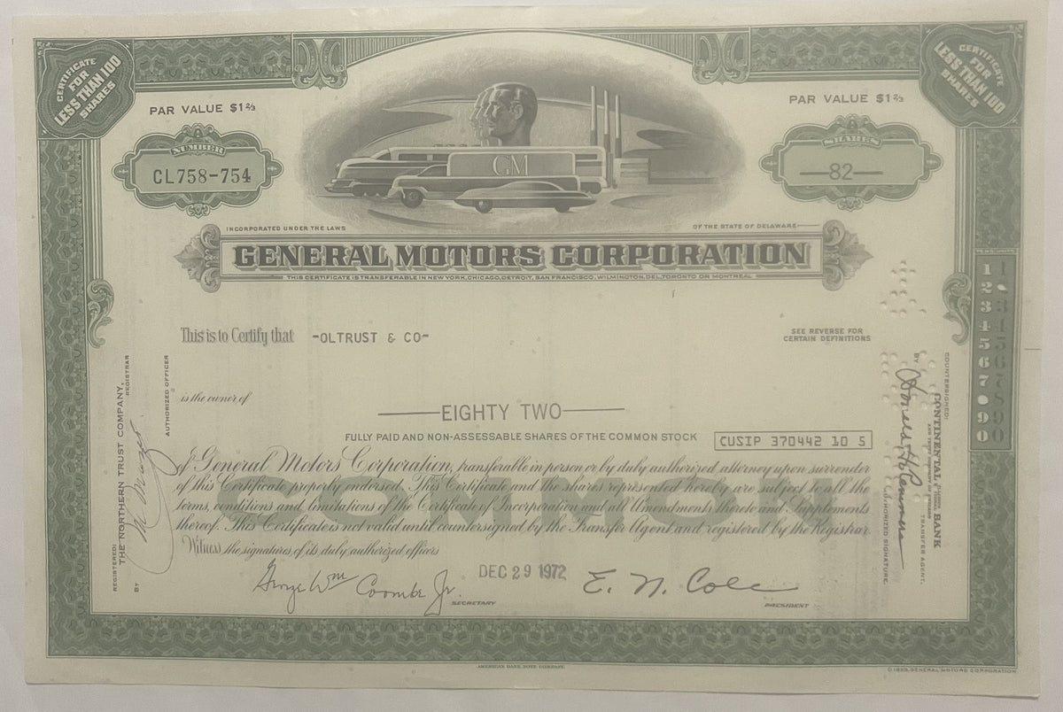 Vintage General Motors stock certificate for 82 shares, featuring streamlined GM locomotive vignette