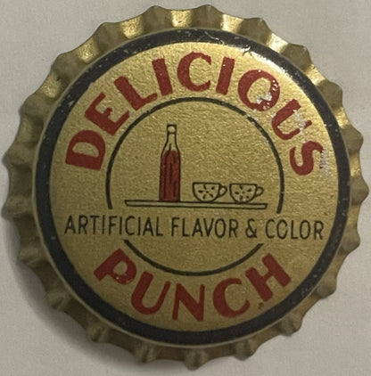 Delicious Punch cork-lined bottle cap: red DELICIOUS and PUNCH on gold, a punch bottle on a tray with two cups, ARTIFICIAL FLAVOR & COLOR, dark navy ring