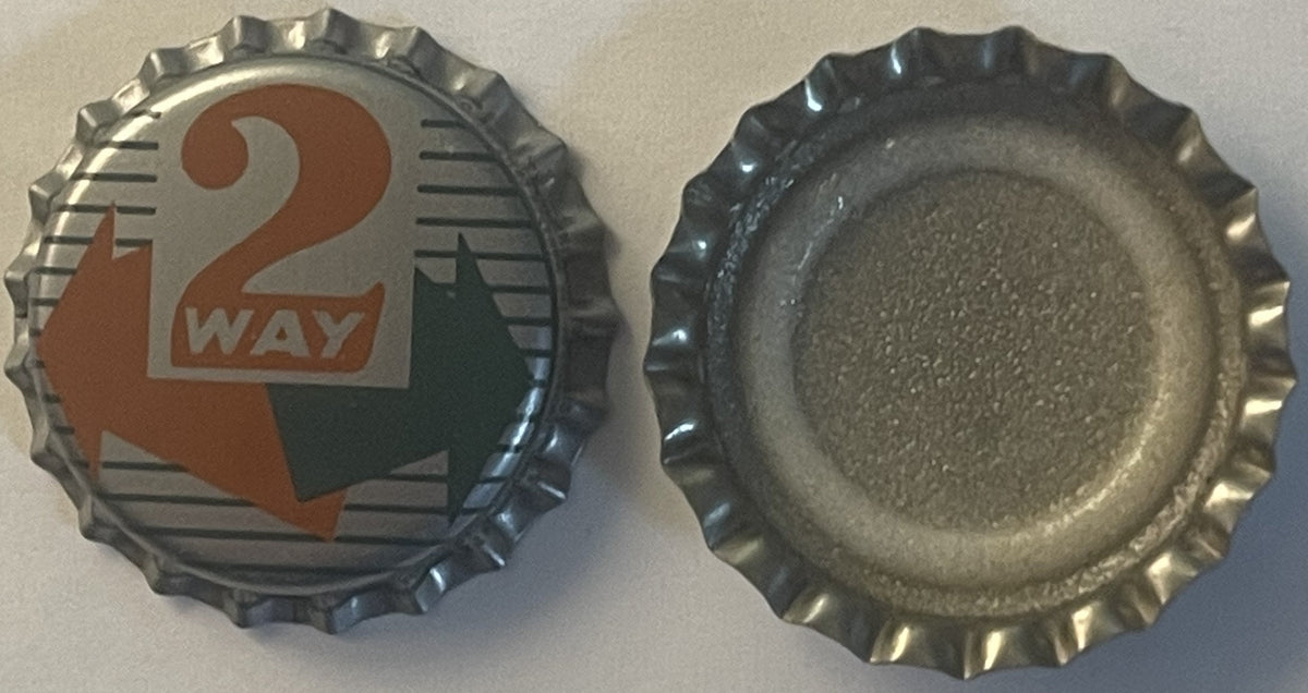 Vintage bottle cap shown front and back: obverse displays "2 WAY" logo in orange and black; reverse shows plain metal