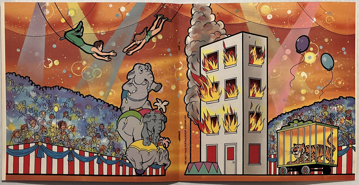 Colorful vintage circus-themed illustration featuring Dumbo the elephant, acrobats, a burning building, and a caged tiger sur