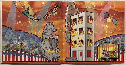 Colorful vintage circus-themed illustration featuring Dumbo the elephant, acrobats, a burning building, and a caged tiger sur