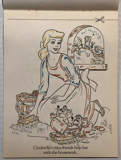 Open page of vintage paint-with-water book showing Cinderella with mice and bucket, colored with blue and red watercolor, cap