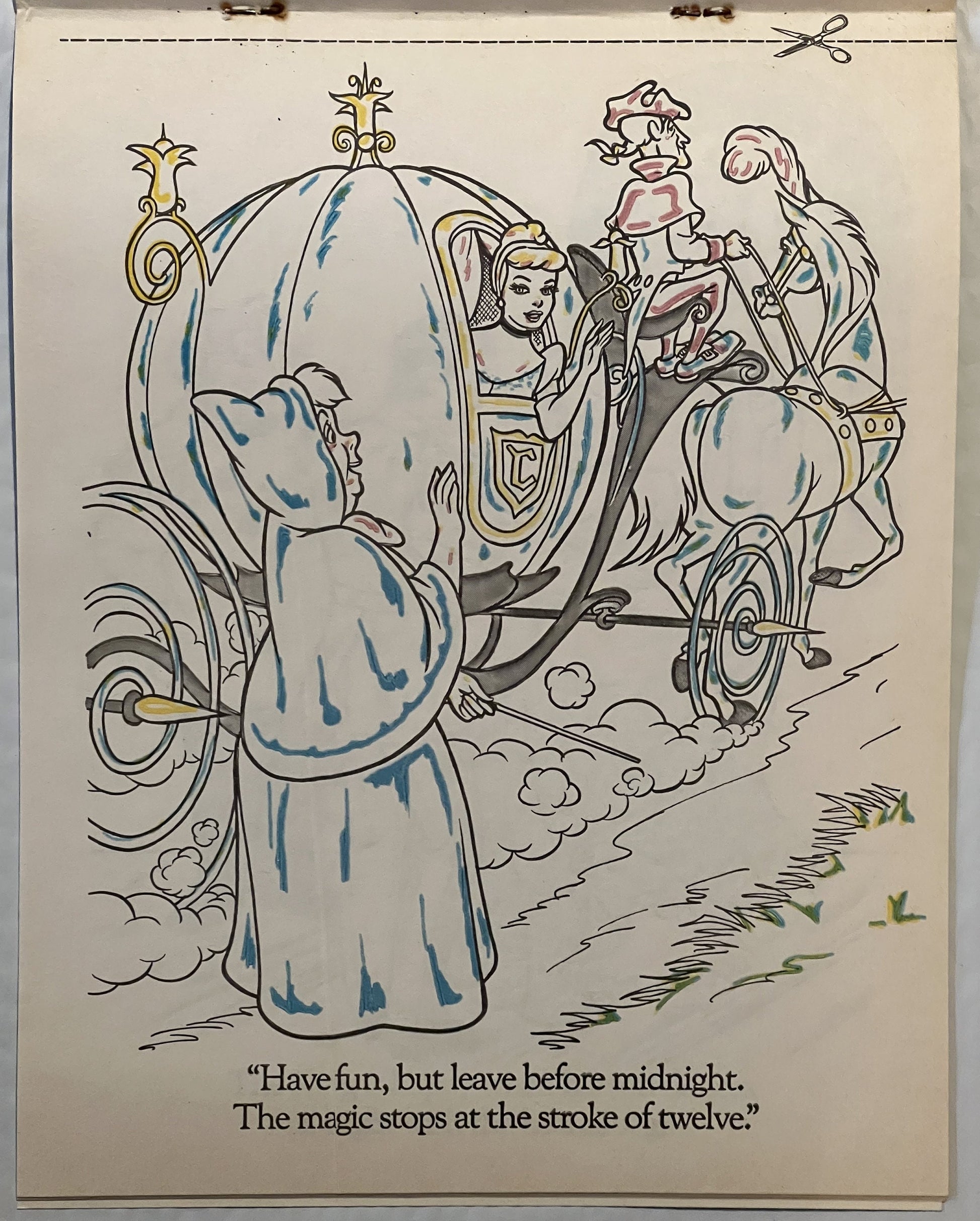 Vintage paint-with-water book page showing Cinderella's fairy godmother with magic wand addressing Cinderella in her pumpkin 