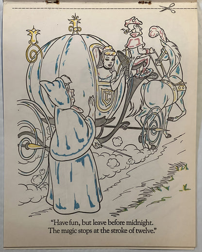 Vintage paint-with-water book page showing Cinderella's fairy godmother with magic wand addressing Cinderella in her pumpkin 