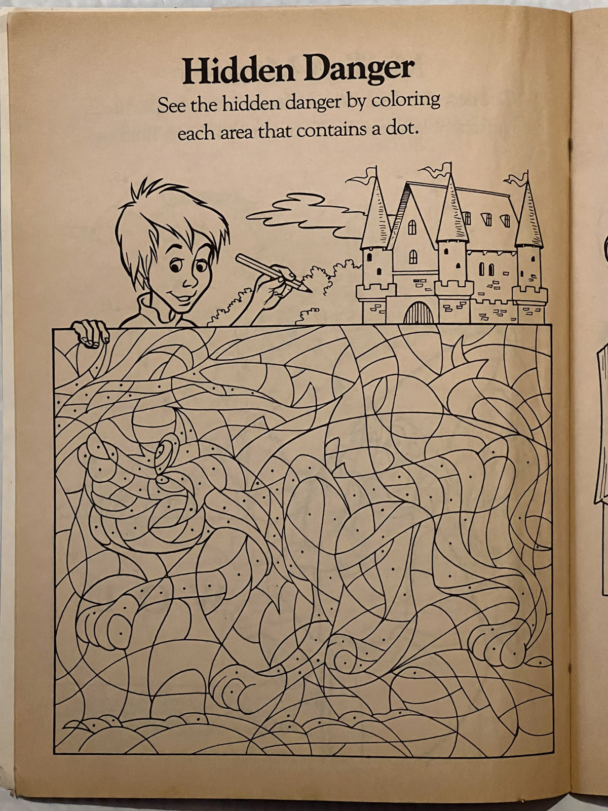 Vintage activity book page titled "Hidden Danger" showing a boy with a paintbrush overlooking a castle, with dots hidden thro