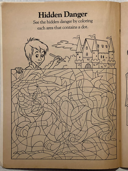 Vintage activity book page titled "Hidden Danger" showing a boy with a paintbrush overlooking a castle, with dots hidden thro