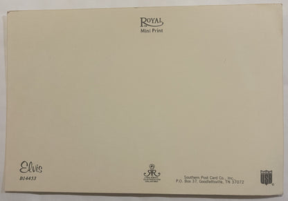 Back of vintage Elvis postcard showing Royal Mini Print logo, publisher info for Southern Post Card Co., and "Made in USA" ma