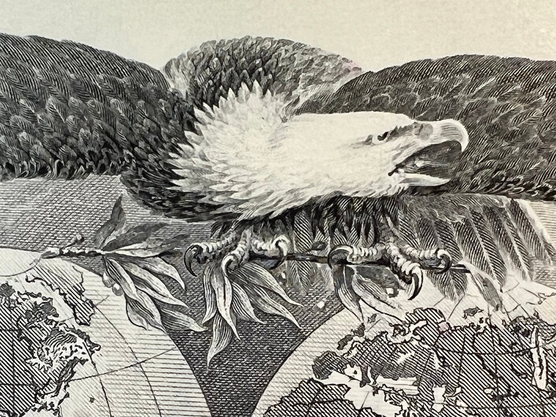 Black and white engraved illustration of a large eagle in flight over mountainous landscape with detailed cross-hatching tech