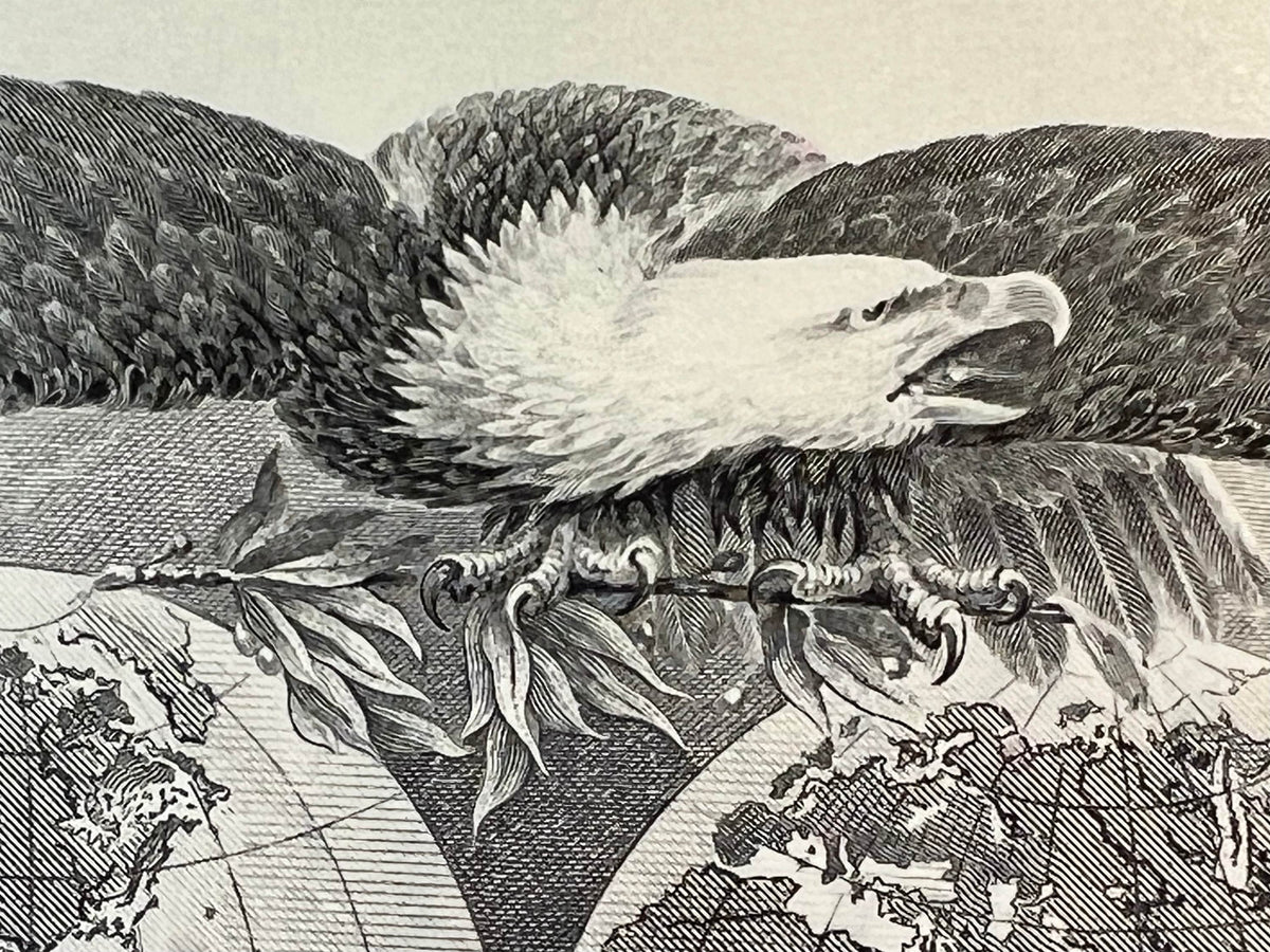 Black and white engraving of a large eagle in flight over mountainous landscape, detailed line work throughout