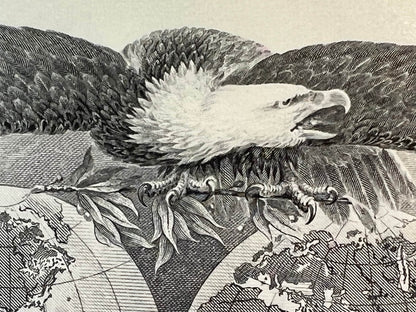 Black and white engraving of a large eagle in flight over mountainous landscape, detailed line work throughout