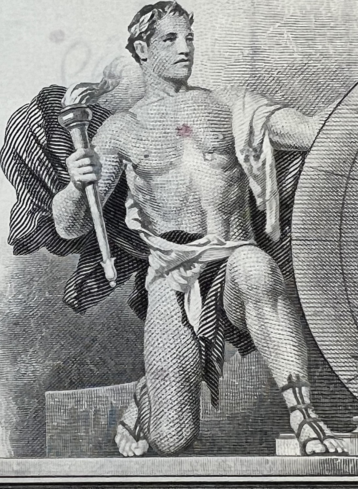 Black and white engraved illustration of a winged classical male figure holding a torch and staff, likely from a Pan American