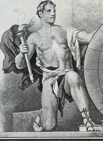 Black and white engraved illustration of a winged classical male figure holding a torch and staff, likely from a Pan American