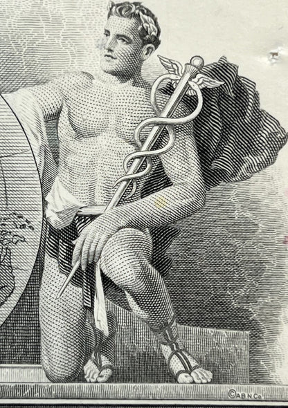 Black and white engraving of a classical male figure holding a caduceus staff, rendered in fine line hatching technique