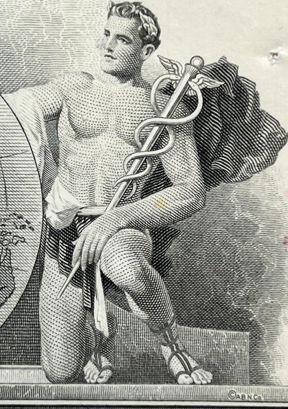 Black and white engraving of a classical male figure holding a caduceus staff, rendered in detailed line-work style