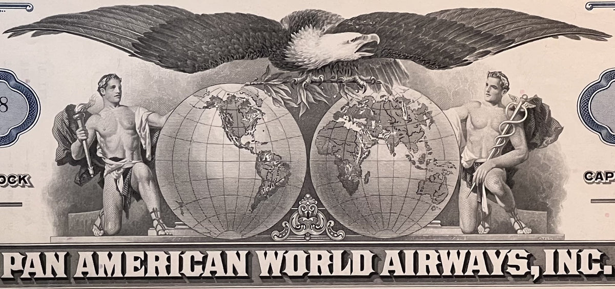 Engraved stock certificate header featuring an eagle, two globes, classical male figures, and "PAN AMERICAN WORLD AIRWAYS, IN