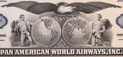 Engraved stock certificate header featuring an eagle, two globes, classical male figures, and "PAN AMERICAN WORLD AIRWAYS, IN