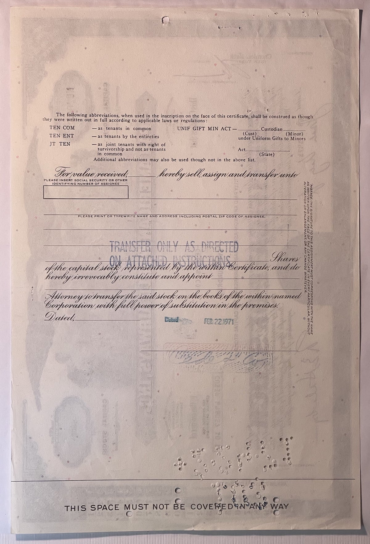 Aged Pan American World Airways stock certificate, with printed text, blanks for transfer details, an