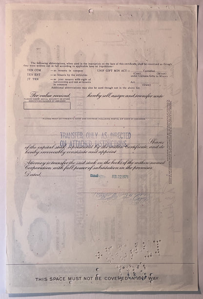 Aged Pan American World Airways stock certificate, with printed text, blanks for transfer details, an