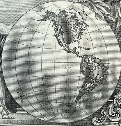 Black and white engraved map showing North America and South America on a globe with latitude/longitude grid lines, ornate de