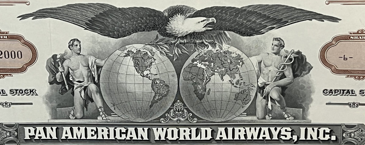 Vintage Pan American World Airways stock certificate detail showing engraved eagle, two globes, classical figures, and orname