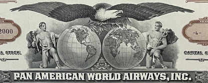 Vintage Pan American World Airways stock certificate detail showing engraved eagle, two globes, classical figures, and orname