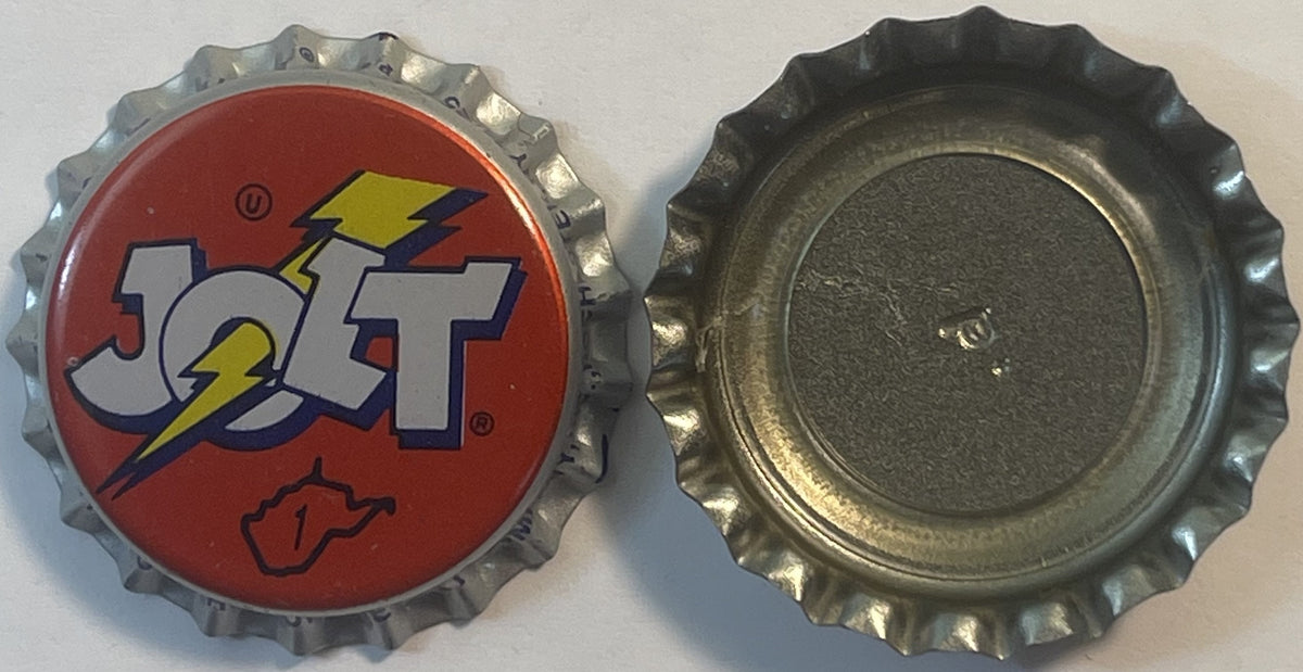 Front and back of red Jolt Cola bottle cap with yellow lightning bolt and "JOLT" text, metal ridged edges, blank reverse side