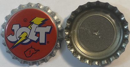Front and back of red Jolt Cola bottle cap with yellow lightning bolt and "JOLT" text, metal ridged edges, blank reverse side