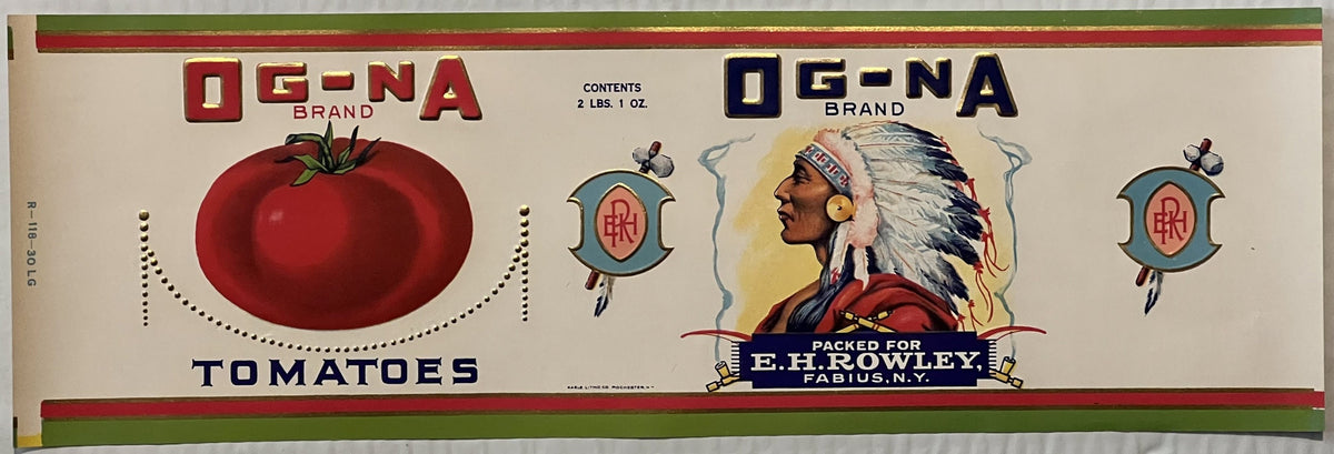 Vintage OG-NA brand tomato can label featuring a large red tomato on left, Native American chief profile on right, and shield