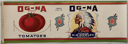 Vintage OG-NA brand tomato can label featuring a large red tomato on left, Native American chief profile on right, and shield