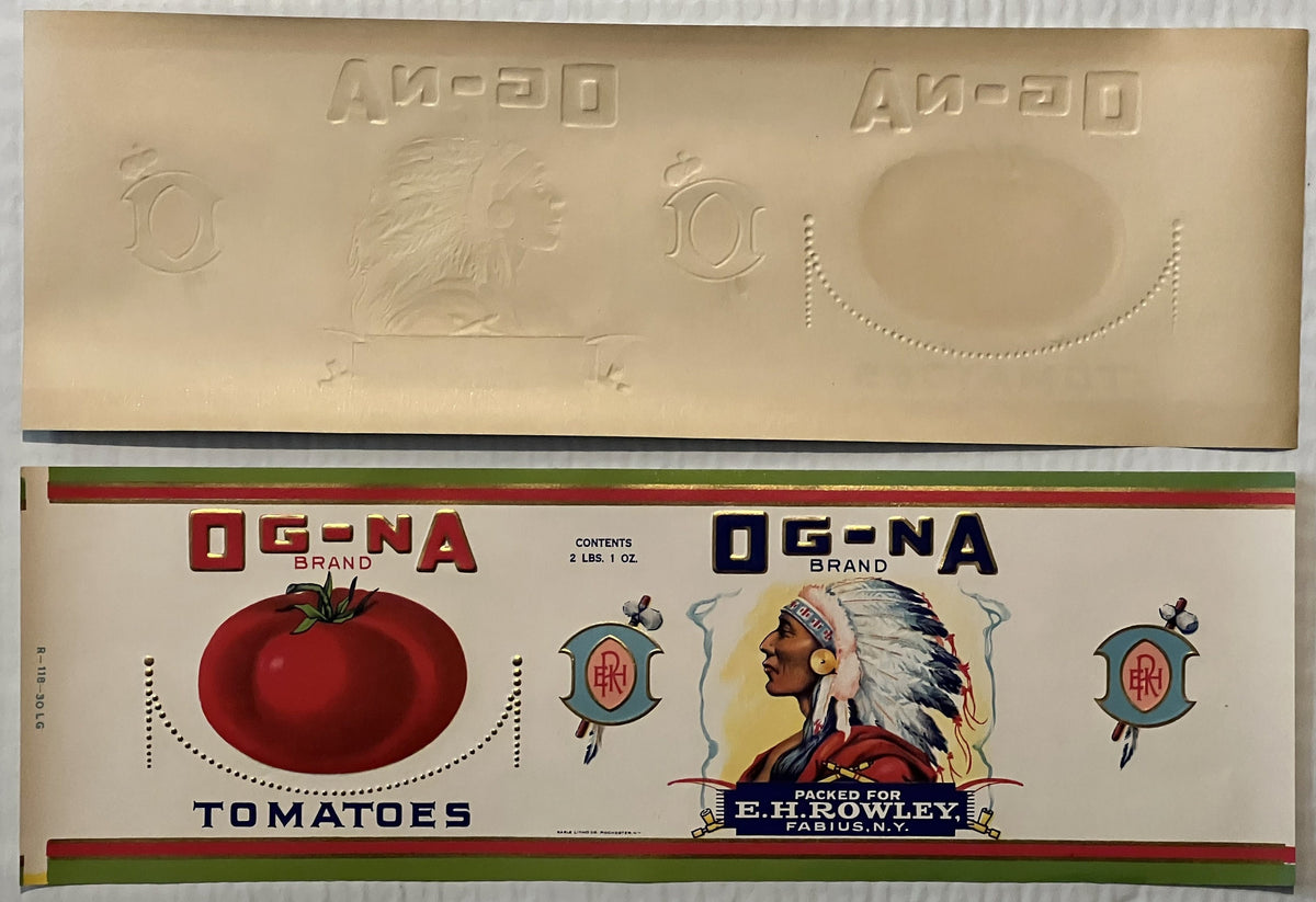 Gold-embossed can label mockup and OG-NA Brand tomato label featuring Native American chief portrait, tomato illustration, an