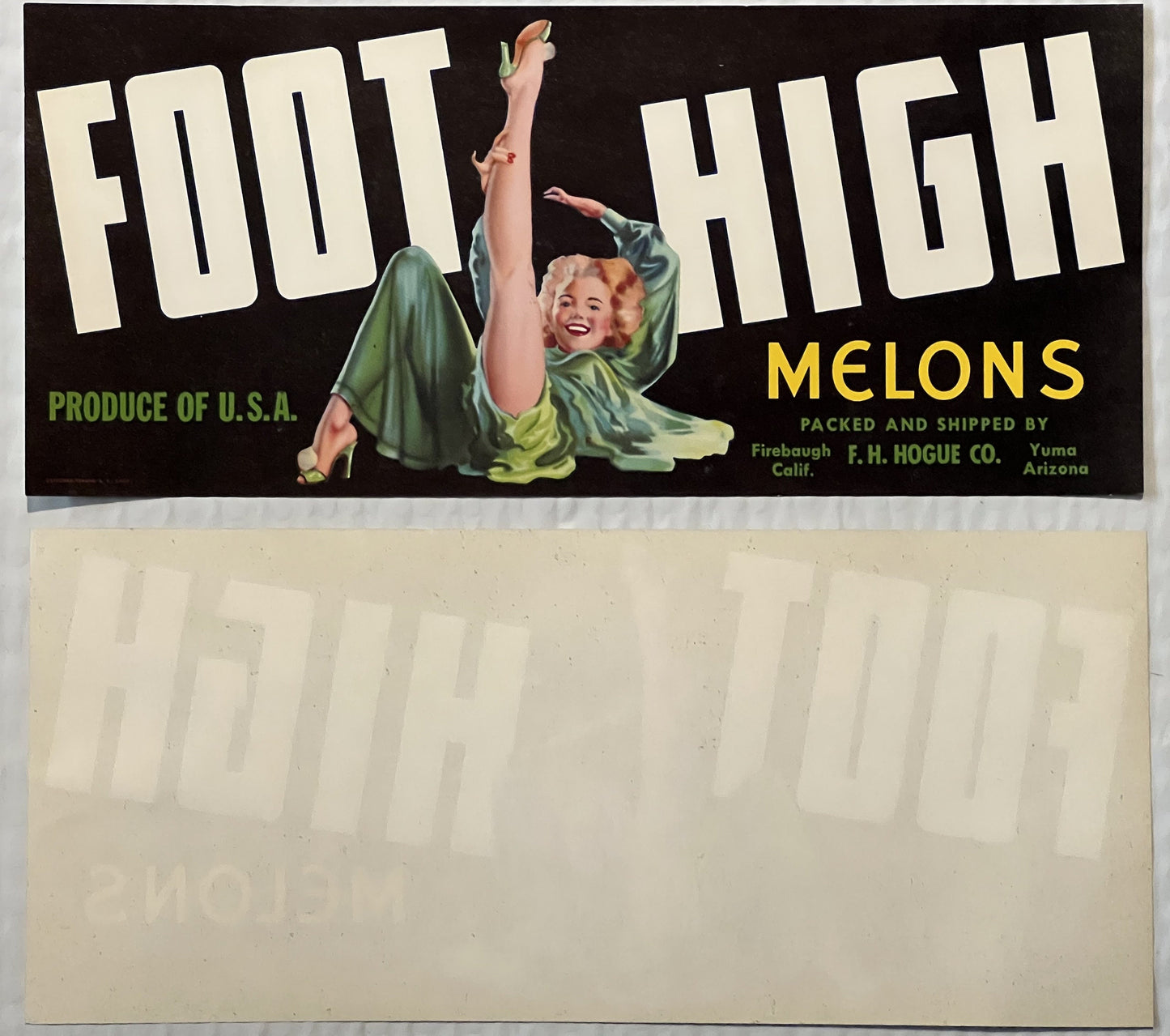 Vintage 1940s Foot High Melons Crate Label 🍈 — F. H. Hogue Co., Firebaugh CA & Yuma AZ — Risqué Pinup