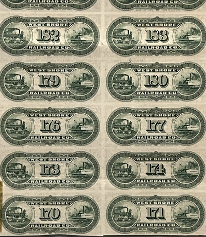 Sheet of ten green printed West Shore Railroad Co. bond coupons numbered 173-183, showing steam locomotives and steamboat vig