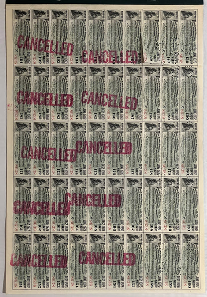 Full page of 50 vintage bond coupons with small train vignettes, printed text in black and red "CANCELLED" stamps overlaid di