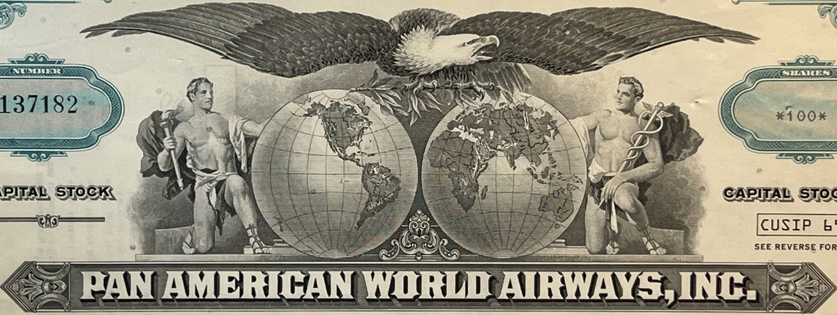 Upper portion of vintage Pan American World Airways stock certificate featuring eagle, two globes, classical figures, and orn