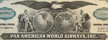 Upper portion of vintage Pan American World Airways stock certificate featuring eagle, two globes, classical figures, and orn