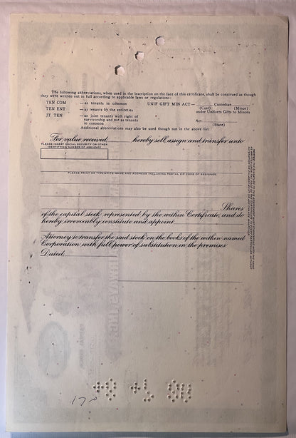 Blank vintage stock certificate form with printed instructions and ornamental script text, aged cream paper with holes and we