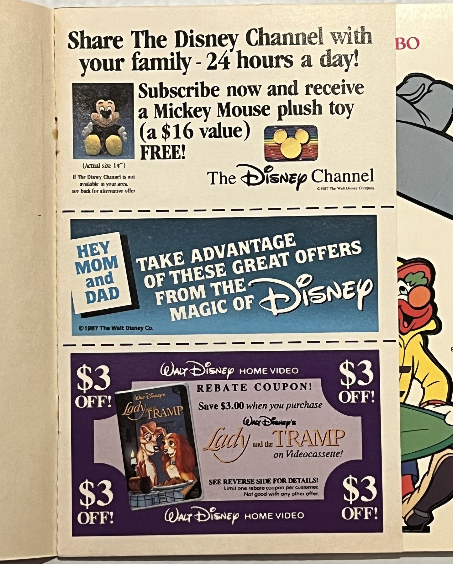 Vintage 1987 Disney promotional page with Mickey Mouse plush offer, Lady and the Tramp video coupon, and character illustrati